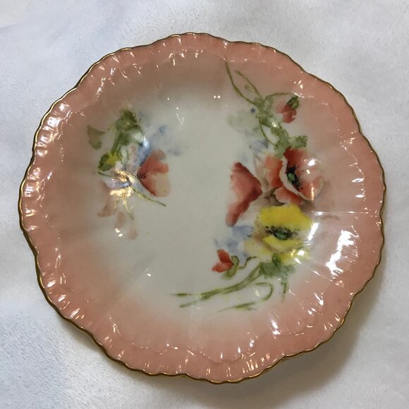 Porcelain Vintage Hand-Painted Plate Pink Poppies Flower Red & Yellow Gold Gild - Picture 3 of 8